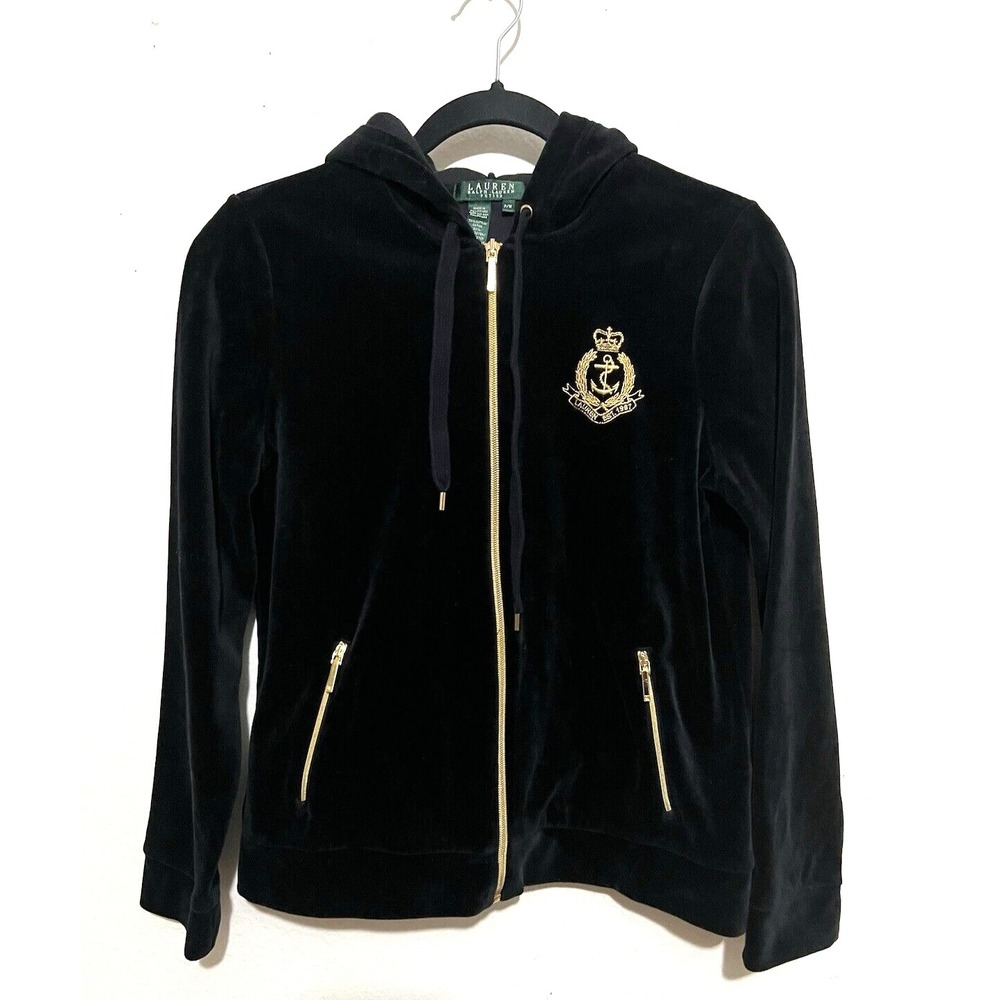 Vintage Lauren Ralph Lauen Velvet Hoodie Crest Black Jacket P/M cottonblend - Picture 1 of 14